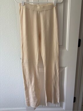 Wide-Leg Ribbed Knit Pants in Cream